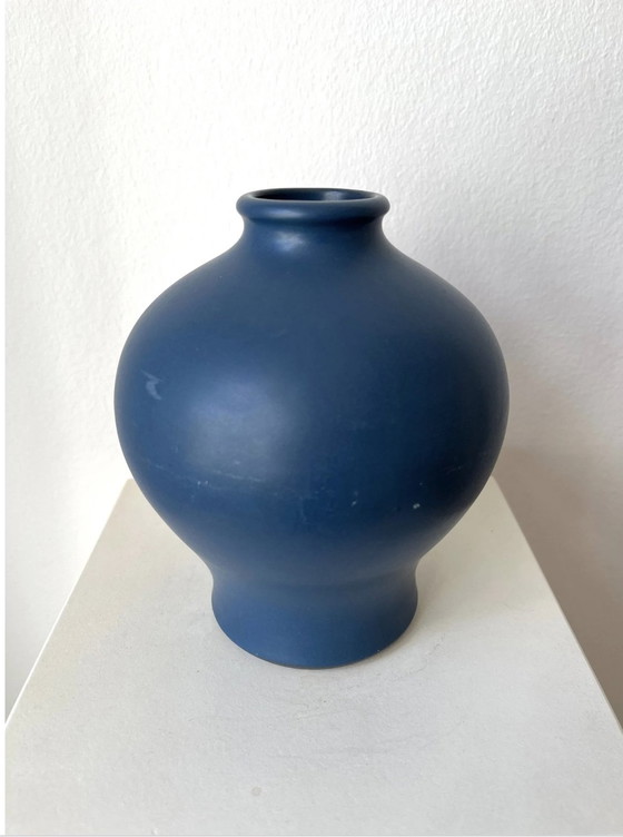 Image 1 of Günther Praschak Knabstrup vaas, Deens, keramiek, vintage, handgemaakt, mat blauw glazuur, 1970S