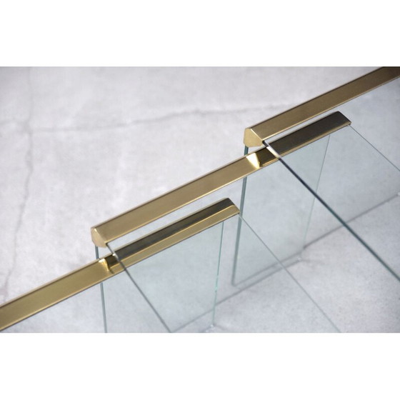 Image 1 of Set van 3 vintage Glamour glas en messing waterval bijzettafels door Leon Rosen voor Pace Collection 1970