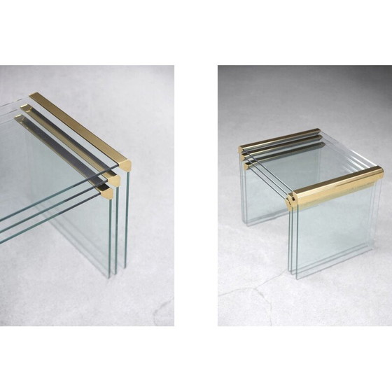 Image 1 of Set van 3 vintage Glamour glas en messing waterval bijzettafels door Leon Rosen voor Pace Collection 1970