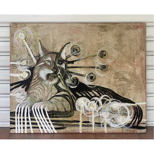 Vintage olieverf op doek De Koninklijke Lynx door André Ferrand, 1999