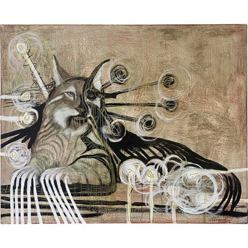 Vintage olieverf op doek De Koninklijke Lynx door André Ferrand, 1999