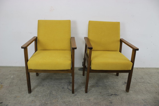 Image 1 of 2X vintage beukenhouten fauteuils oranje jaren 60 fauteuil nieuwe hoes