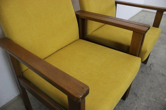Image 1 of 2X vintage beukenhouten fauteuils oranje jaren 60 fauteuil nieuwe hoes