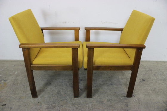 Image 1 of 2X vintage beukenhouten fauteuils oranje jaren 60 fauteuil nieuwe hoes