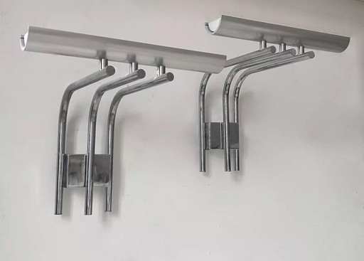 2X Vintage Lumière Studio Glazen Wandlamp, Verchroomd Metaal, Frankrijk 1970