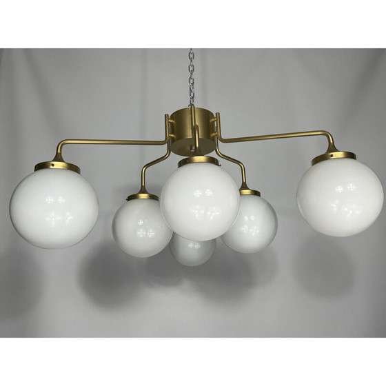 Image 1 of Mid Century messing en melkglas hanglamp van Reggiani, Italië 1970