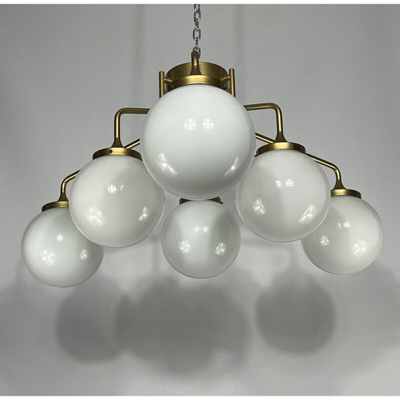 Image 1 of Mid Century messing en melkglas hanglamp van Reggiani, Italië 1970