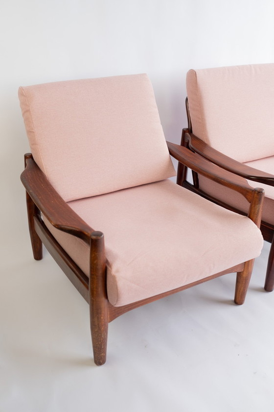 Image 1 of 2X Vintage Mid Century Modern Teakhouten Fauteuils Met Roze Bekleding