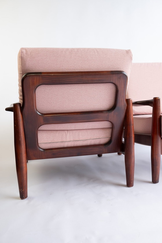 Image 1 of 2X Vintage Mid Century Modern Teakhouten Fauteuils Met Roze Bekleding