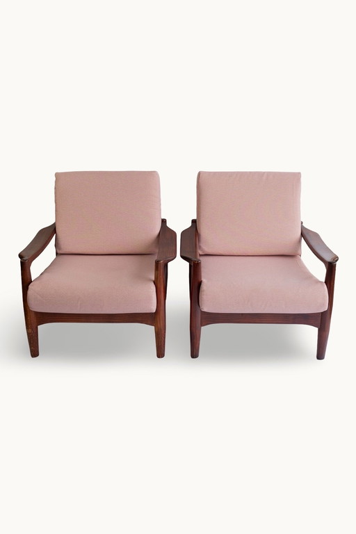 2X Vintage Mid Century Modern Teakhouten Fauteuils Met Roze Bekleding