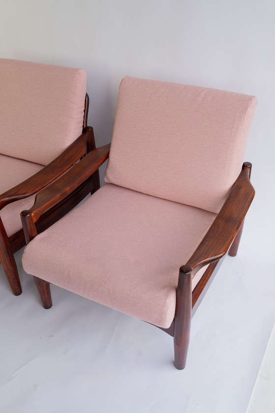 Image 1 of 2X Vintage Mid Century Modern Teakhouten Fauteuils Met Roze Bekleding