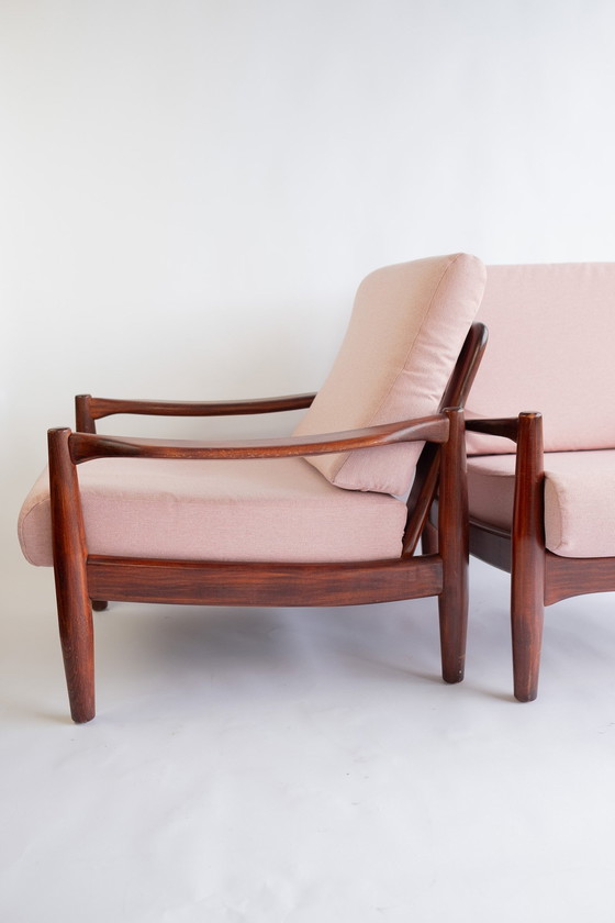 Image 1 of 2X Vintage Mid Century Modern Teakhouten Fauteuils Met Roze Bekleding