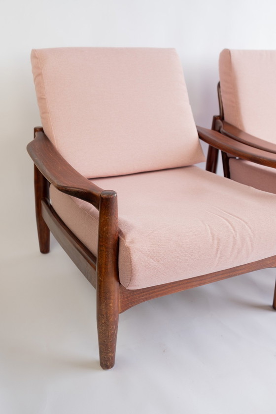 Image 1 of 2X Vintage Mid Century Modern Teakhouten Fauteuils Met Roze Bekleding