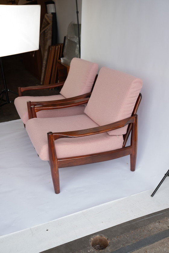 Image 1 of 2X Vintage Mid Century Modern Teakhouten Fauteuils Met Roze Bekleding