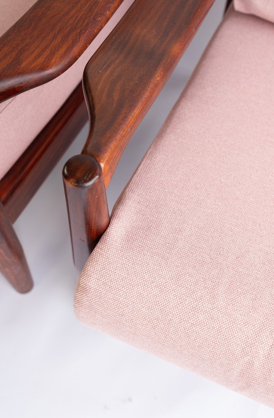 Image 1 of 2X Vintage Mid Century Modern Teakhouten Fauteuils Met Roze Bekleding