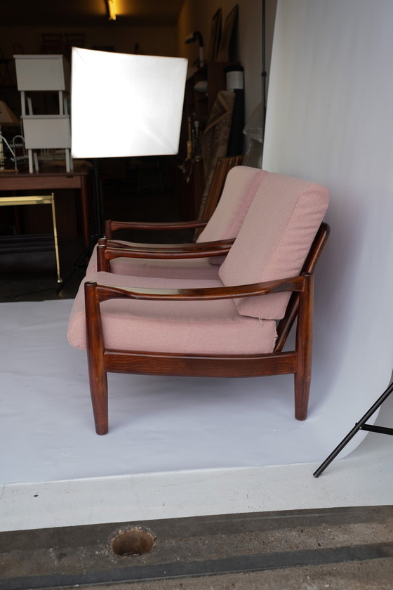 Image 1 of 2X Vintage Mid Century Modern Teakhouten Fauteuils Met Roze Bekleding