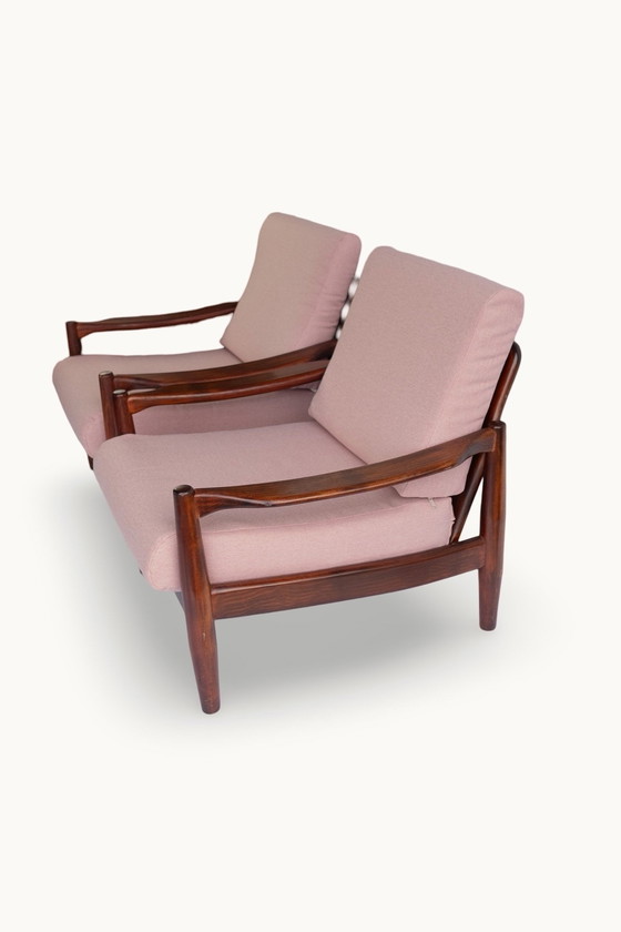 Image 1 of 2X Vintage Mid Century Modern Teakhouten Fauteuils Met Roze Bekleding