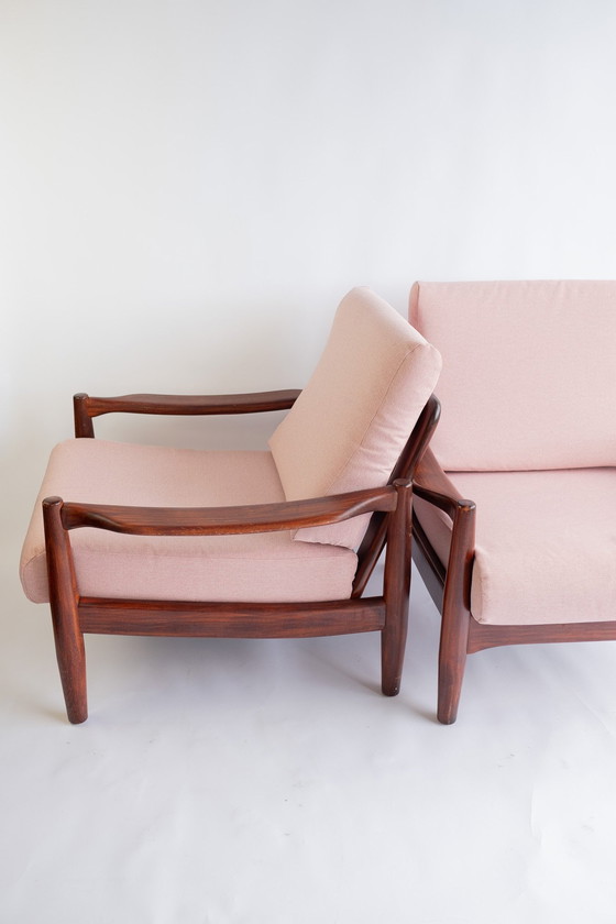 Image 1 of 2X Vintage Mid Century Modern Teakhouten Fauteuils Met Roze Bekleding