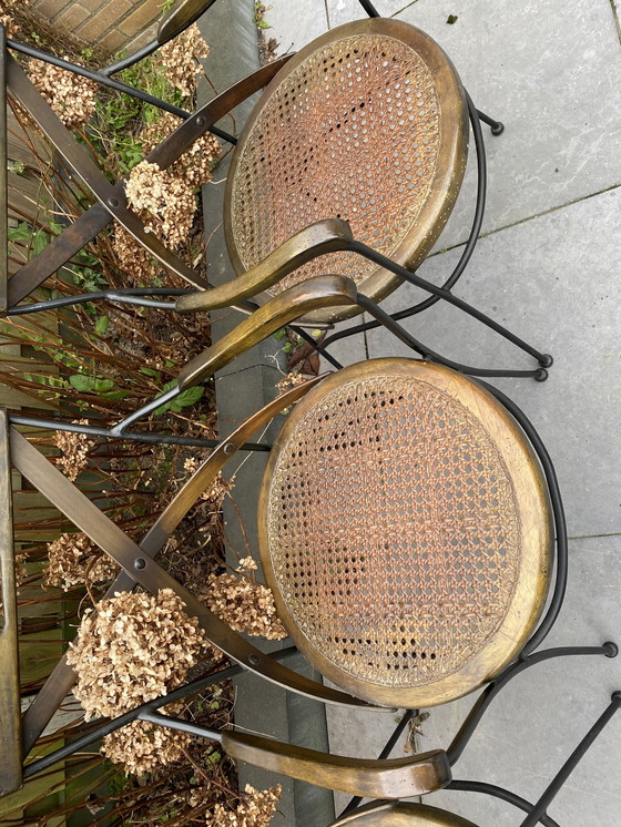 Image 1 of 6 Vintage Industriële Metaal/Houten Webbing Kruisstoelen 