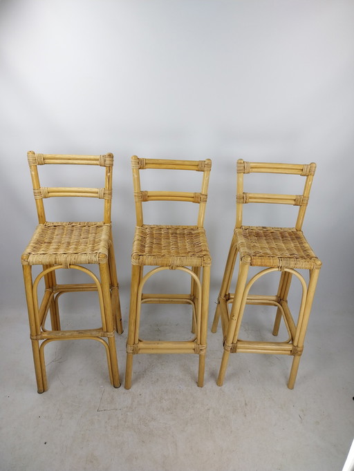 3 X 1970'S Rattan Barkrukken Rotan Bamboe 