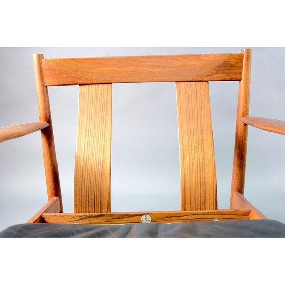 Image 1 of Paar vintage teakhouten en zwart leren fauteuils van Grete Jalk voor France et Søn