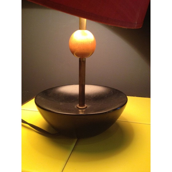 Image 1 of Vintage keramiek en rode stoffen tafellamp, 1950