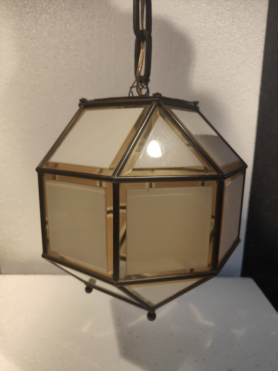 Image 1 of Italiaanse Hanglamp Van Messing En Geslepen Glas, Jaren 60