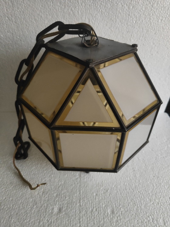 Image 1 of Italiaanse Hanglamp Van Messing En Geslepen Glas, Jaren 60