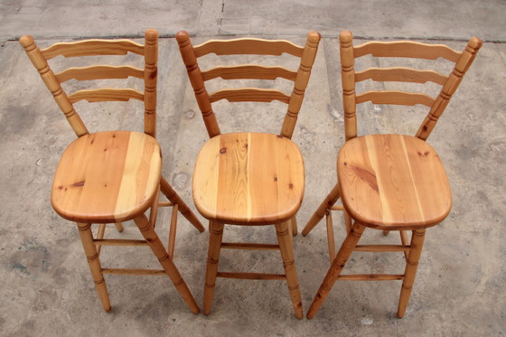 Image 1 of Brutalistische Mid-Century Houten Bar met 3 Barstoelen, jaren70s