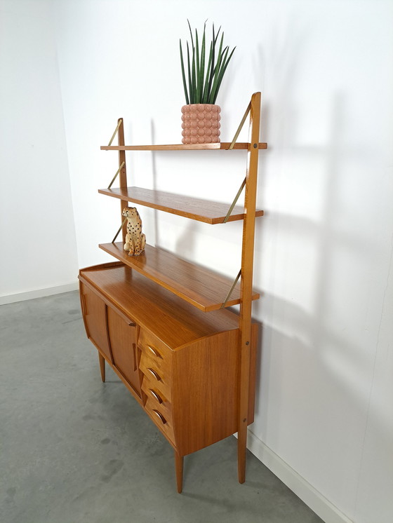 Image 1 of Scandinavisch Teak Wandmeubel Met Planken, Lade En Bureau