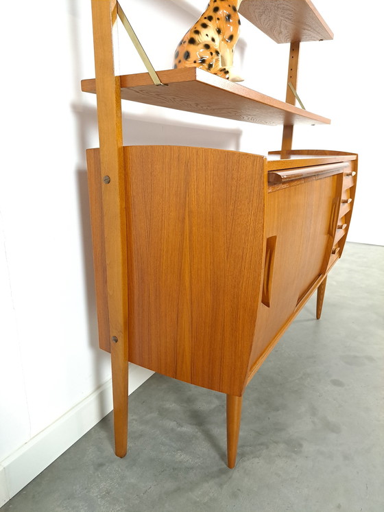 Image 1 of Scandinavisch Teak Wandmeubel Met Planken, Lade En Bureau