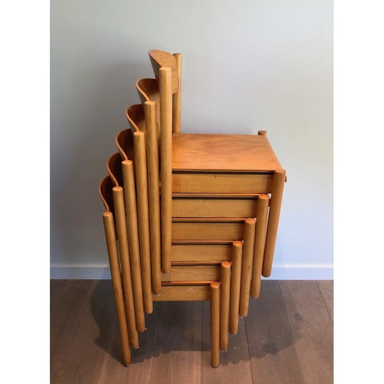 Image 1 of Set van 6 vintage stapelstoelen van sparrenhout en thermogevormd hout van Karl Kilpper, Duitsland 1970