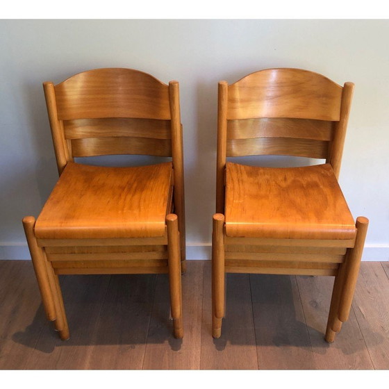 Image 1 of Set van 6 vintage stapelstoelen van sparrenhout en thermogevormd hout van Karl Kilpper, Duitsland 1970