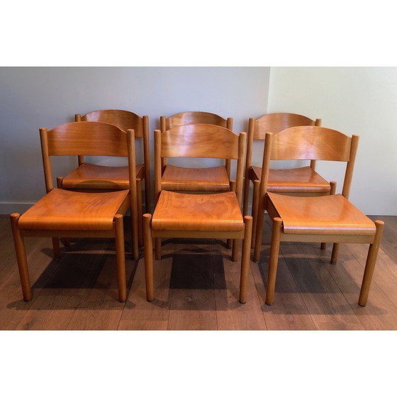 Image 1 of Set van 6 vintage stapelstoelen van sparrenhout en thermogevormd hout van Karl Kilpper, Duitsland 1970