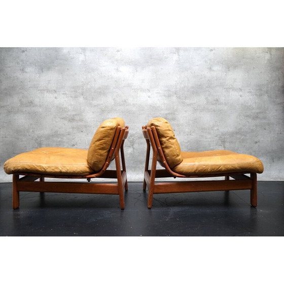 Image 1 of Paar vintage fauteuils in teakhout en cognac leer, 1960