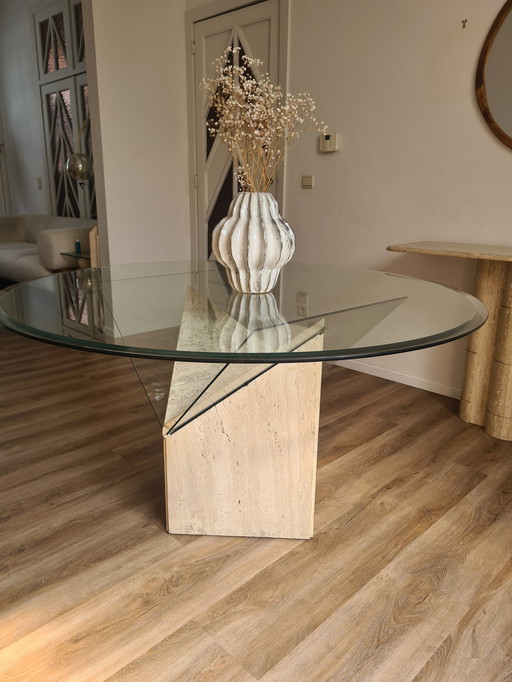 Vintage Eettafel traventine en glas