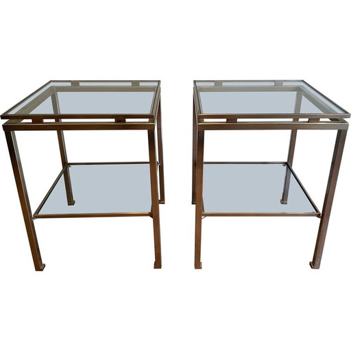 Paar vintage bijzettafels in geborsteld staal en transparant glas van Guy Lefèvre voor Maison Jansen, 1970