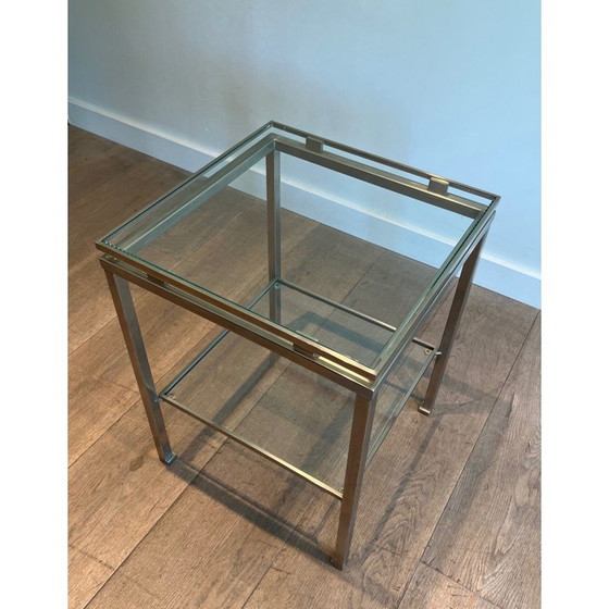 Image 1 of Paar vintage bijzettafels in geborsteld staal en transparant glas van Guy Lefèvre voor Maison Jansen, 1970