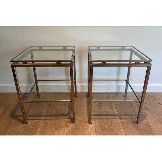 Image 1 of Paar vintage bijzettafels in geborsteld staal en transparant glas van Guy Lefèvre voor Maison Jansen, 1970