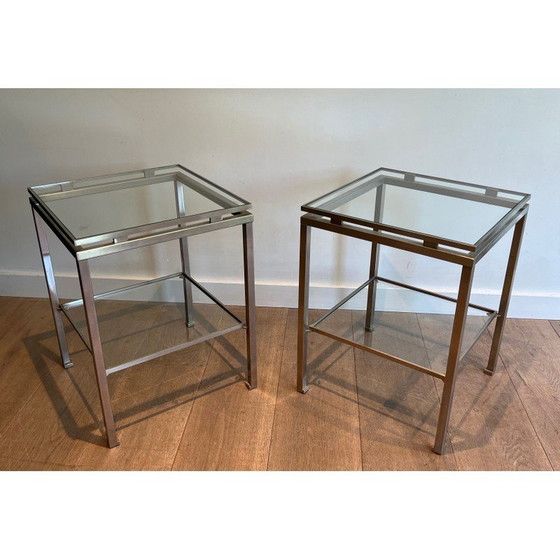 Image 1 of Paar vintage bijzettafels in geborsteld staal en transparant glas van Guy Lefèvre voor Maison Jansen, 1970