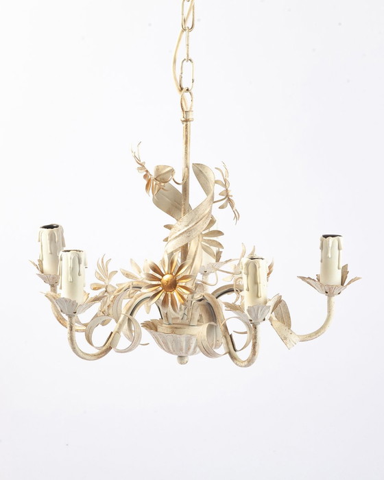 Image 1 of Witte hanglamp en wandlamp van Metaal met bloemenlook, jaren 70