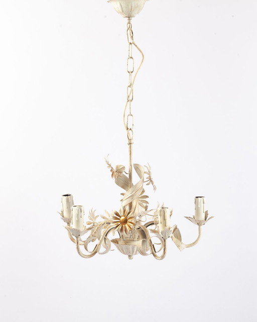 Witte hanglamp en wandlamp van Metaal met bloemenlook, jaren 70