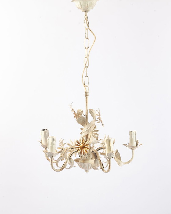 Image 1 of Witte hanglamp en wandlamp van Metaal met bloemenlook, jaren 70