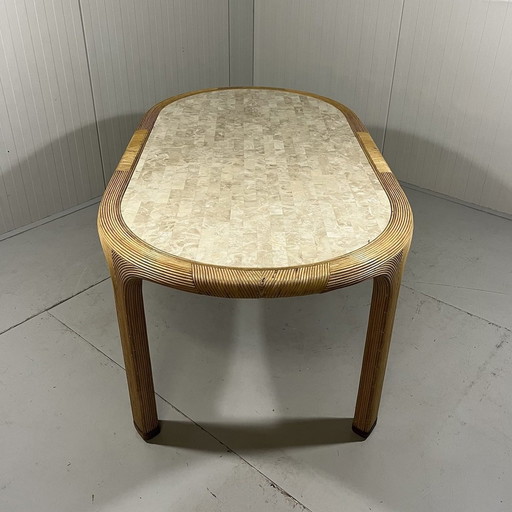 Vivai Del Sud Rotan & Travertine Eettafel Italië 1960'S