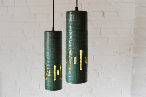 Set Van 2 Groene Keramieken Aardewerken Vintage Hanglampen