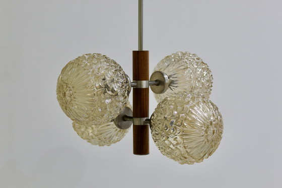 Image 1 of Vintage plafondlamp, 4-armige lamp - hout, amberkleurig