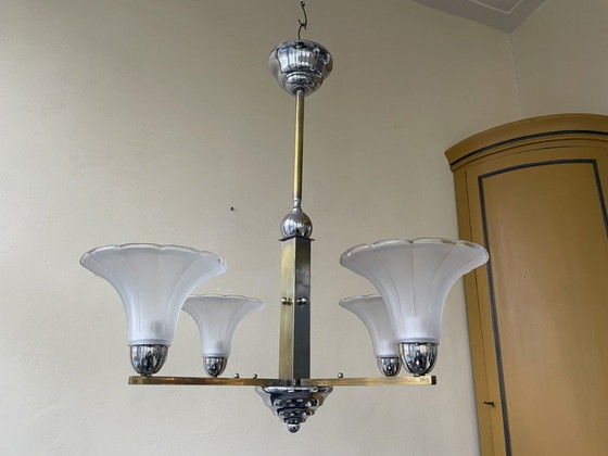 Image 1 of Lamp Modernistisch 4 Arms Matglazen Schalen Chroom Art Deco 1930 Frans