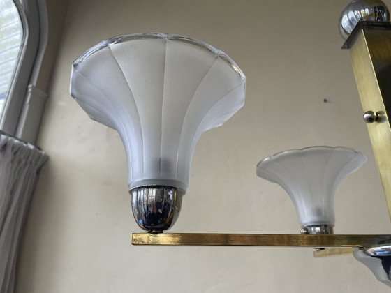 Image 1 of Lamp Modernistisch 4 Arms Matglazen Schalen Chroom Art Deco 1930 Frans