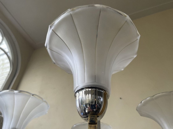 Image 1 of Lamp Modernistisch 4 Arms Matglazen Schalen Chroom Art Deco 1930 Frans