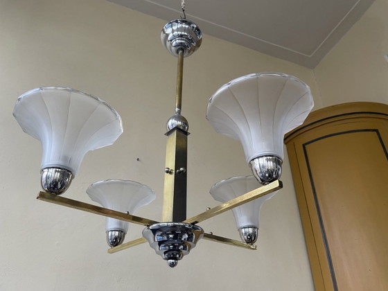 Image 1 of Lamp Modernistisch 4 Arms Matglazen Schalen Chroom Art Deco 1930 Frans